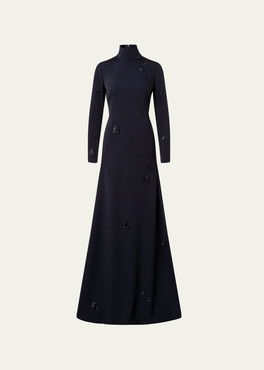 Akris Embellished Long-Sleeve Godet-Back Gown