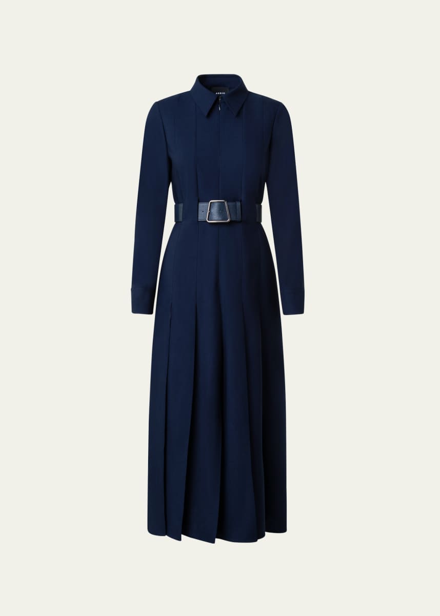 Akris Wool Zip-Front Midi Dress with Leather Belt