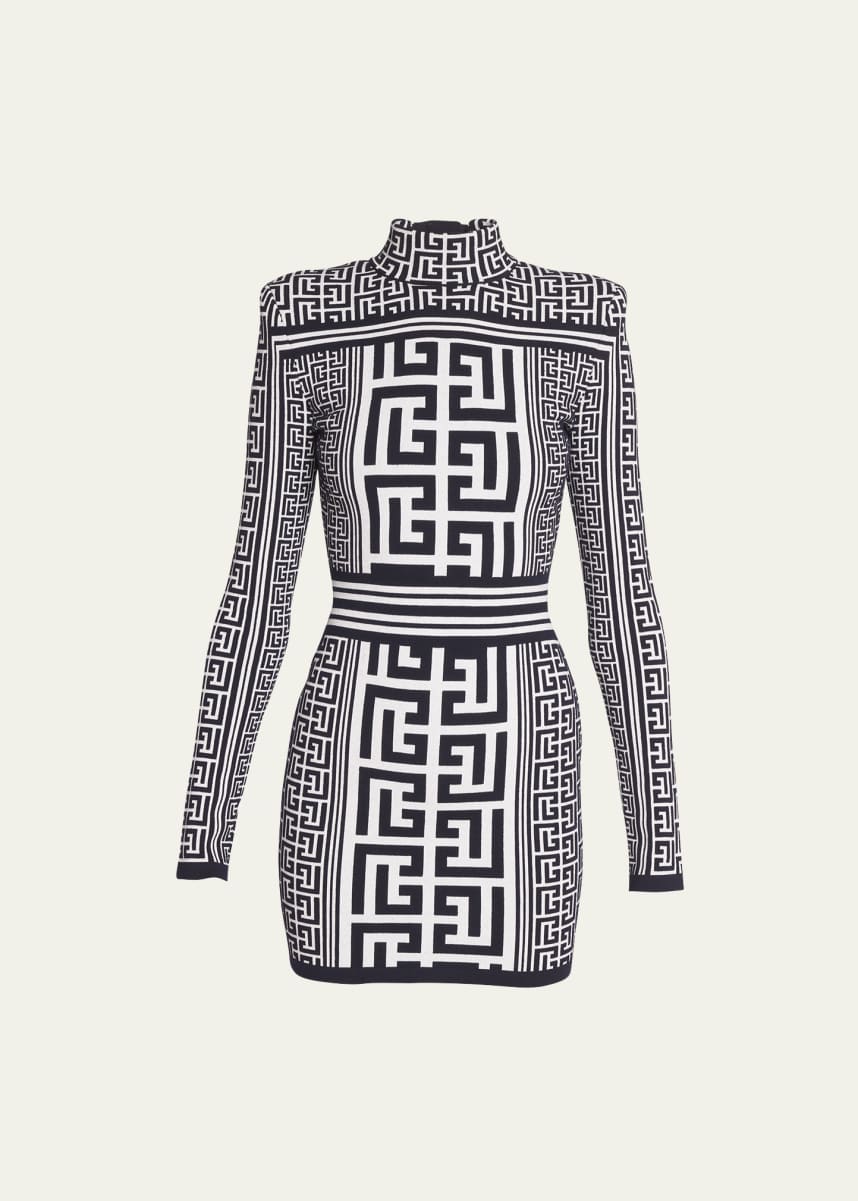 Balmain Dual Monogram Knit Mini Dress with Padded Shoulders
