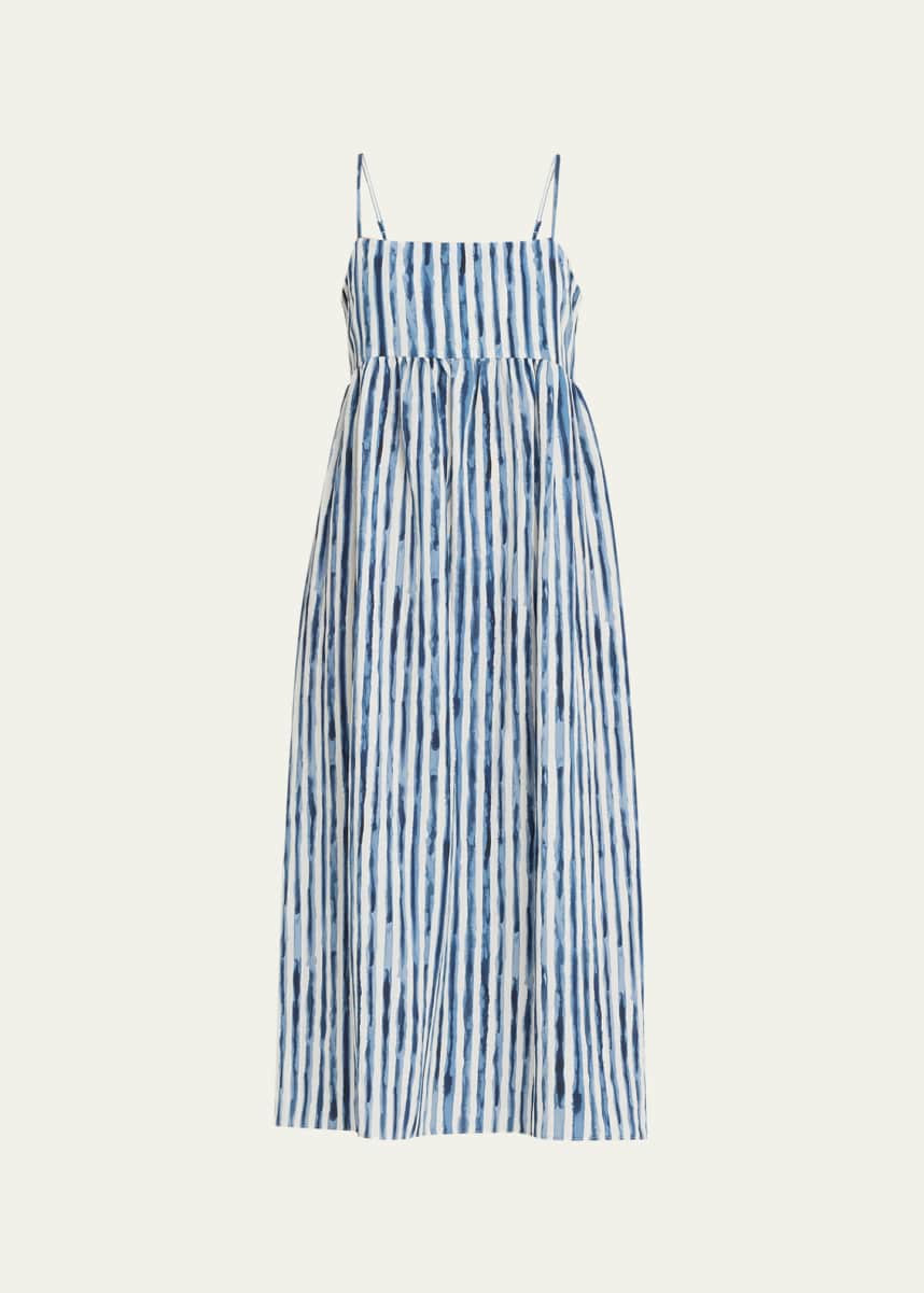 Vince Painterly Stripe Ruched Spaghetti-Strap Midi Dress