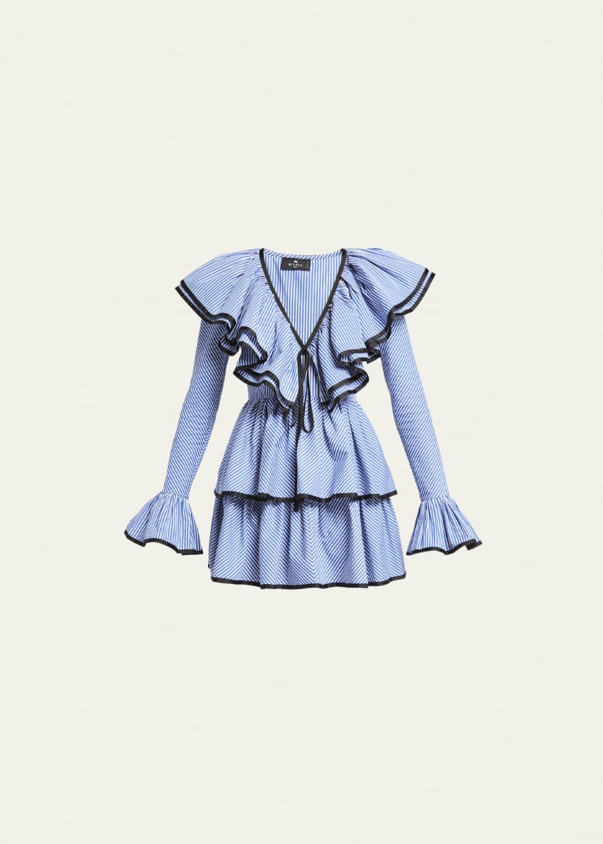 Etro Poplin Striped Ruffle Yoke Mini Dress