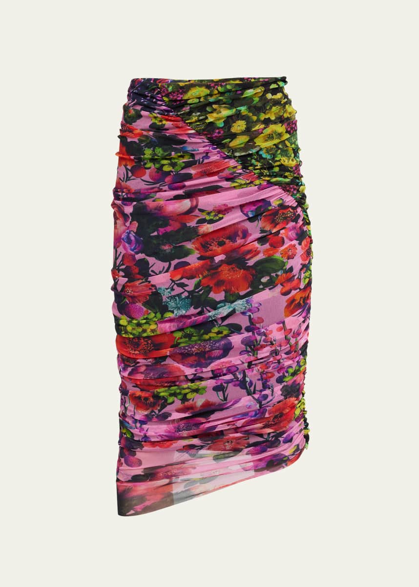 Fuzzi Floral-Print Tulle Pencil Midi Skirt