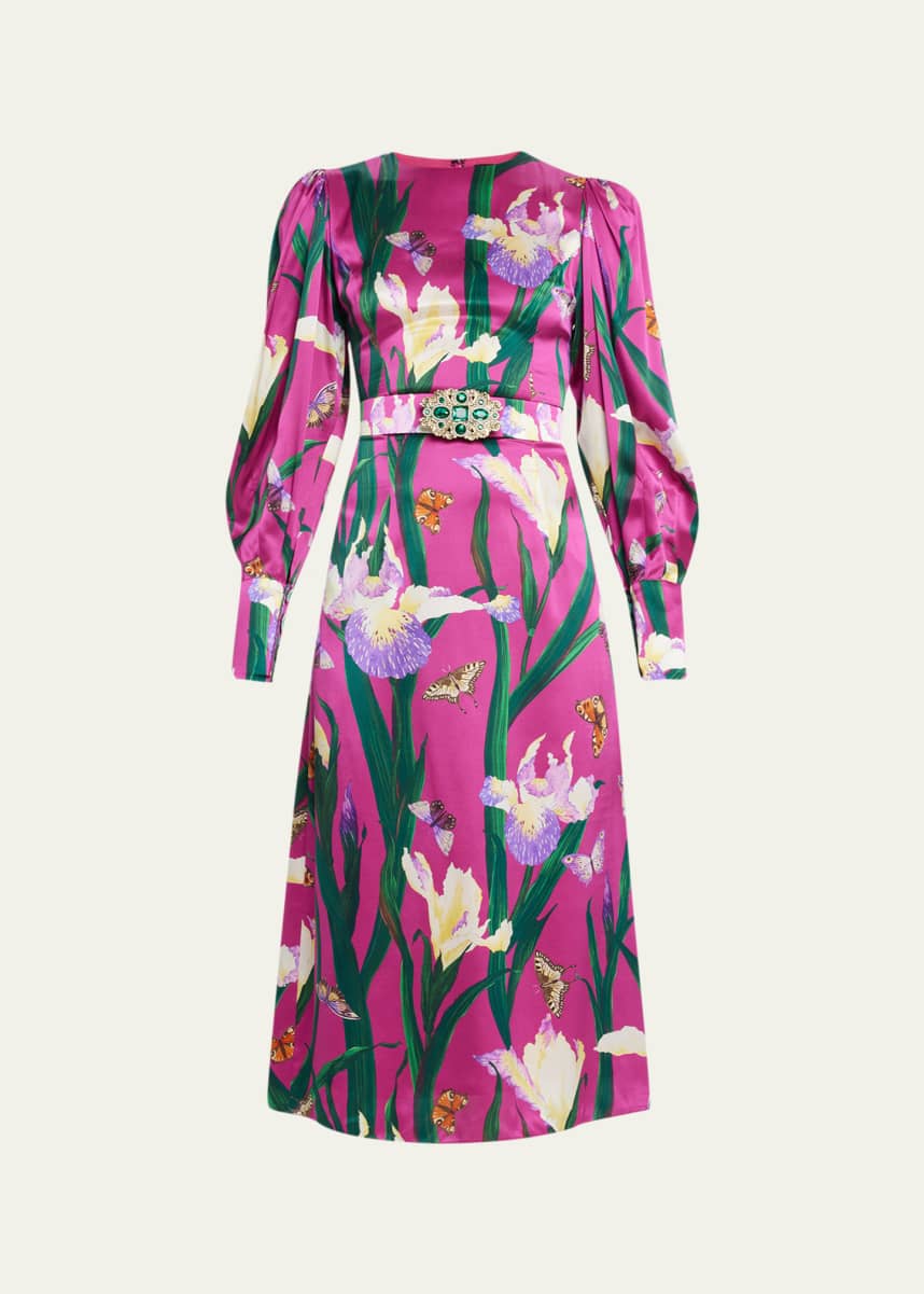 Andrew Gn Floral Puff Slv Belted Midi Drs