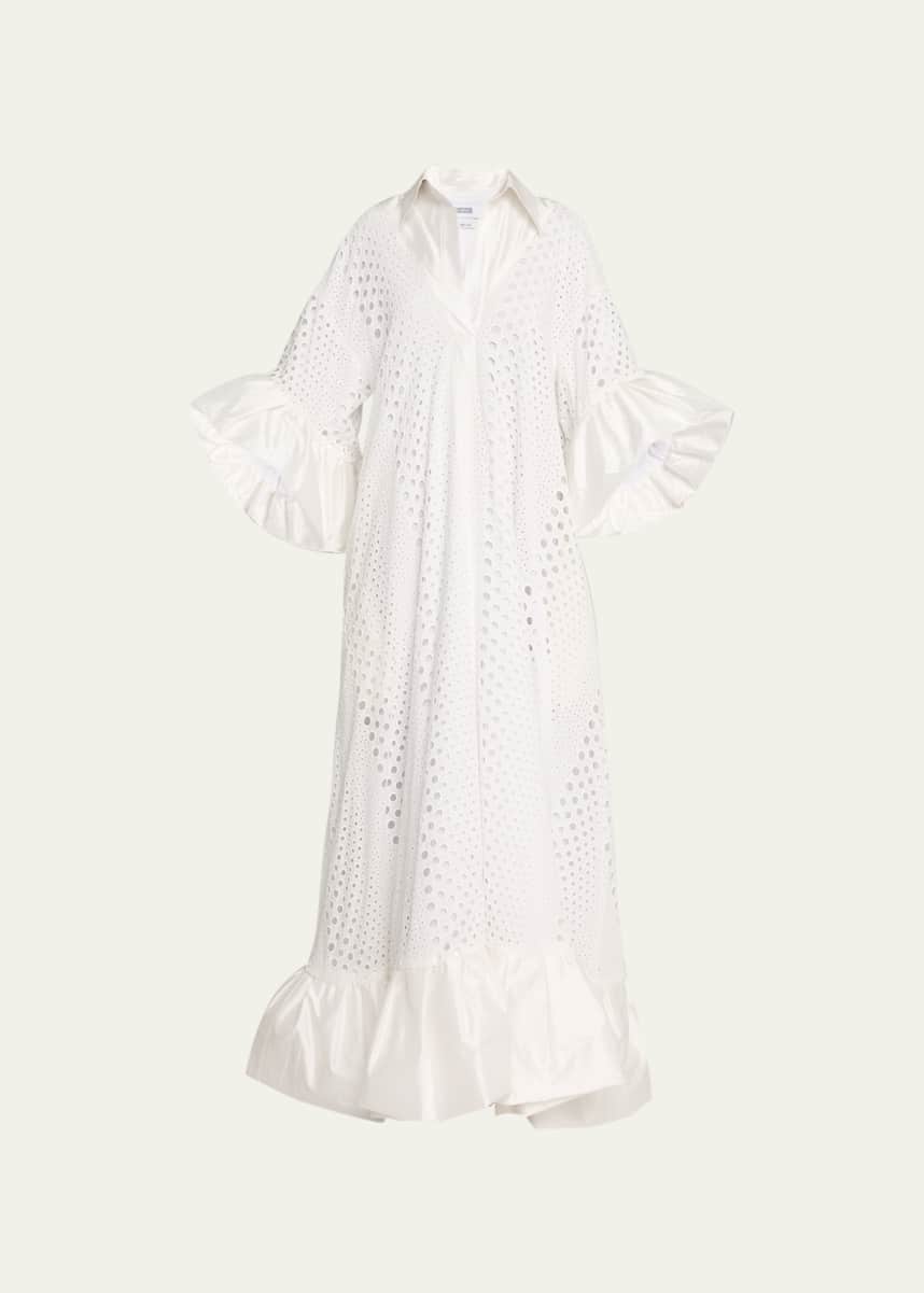 CHRISTOPHER JOHN ROGERS Eyelet Paper-Bag Ruffle-Trim Gown