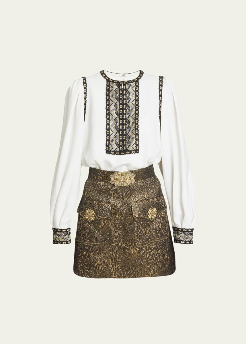 Andrew Gn Mixed-Media Brocade Embroidered Mini Dress