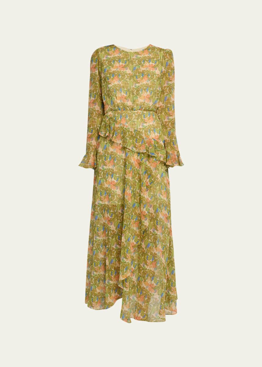 Saloni Jolene Floral Silk Long Ruffle Dress