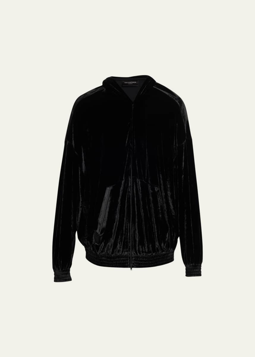 Balenciaga Men's BB Paris Icon Strass Shiny Velvet Zip-Up Hooded Jacket