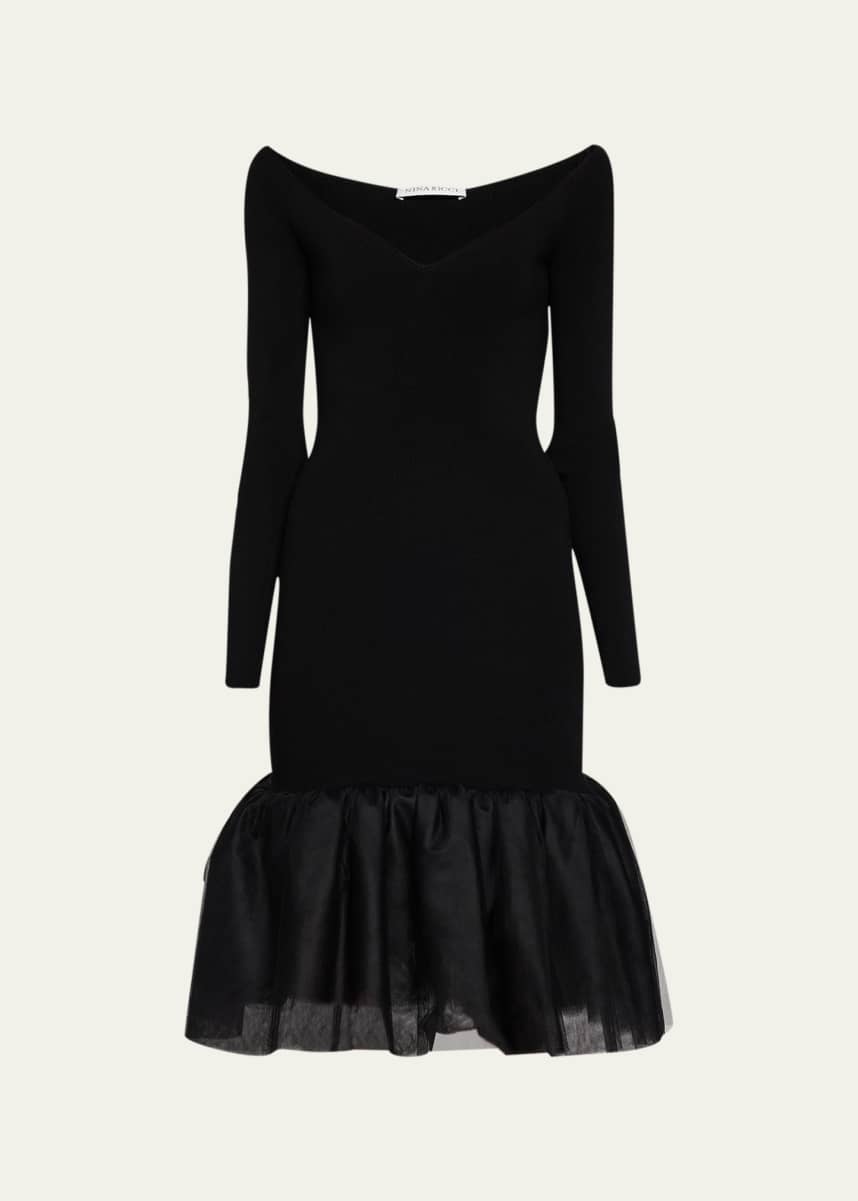 Nina Ricci Sweetheart Wool Tulle Hem Midi Dress