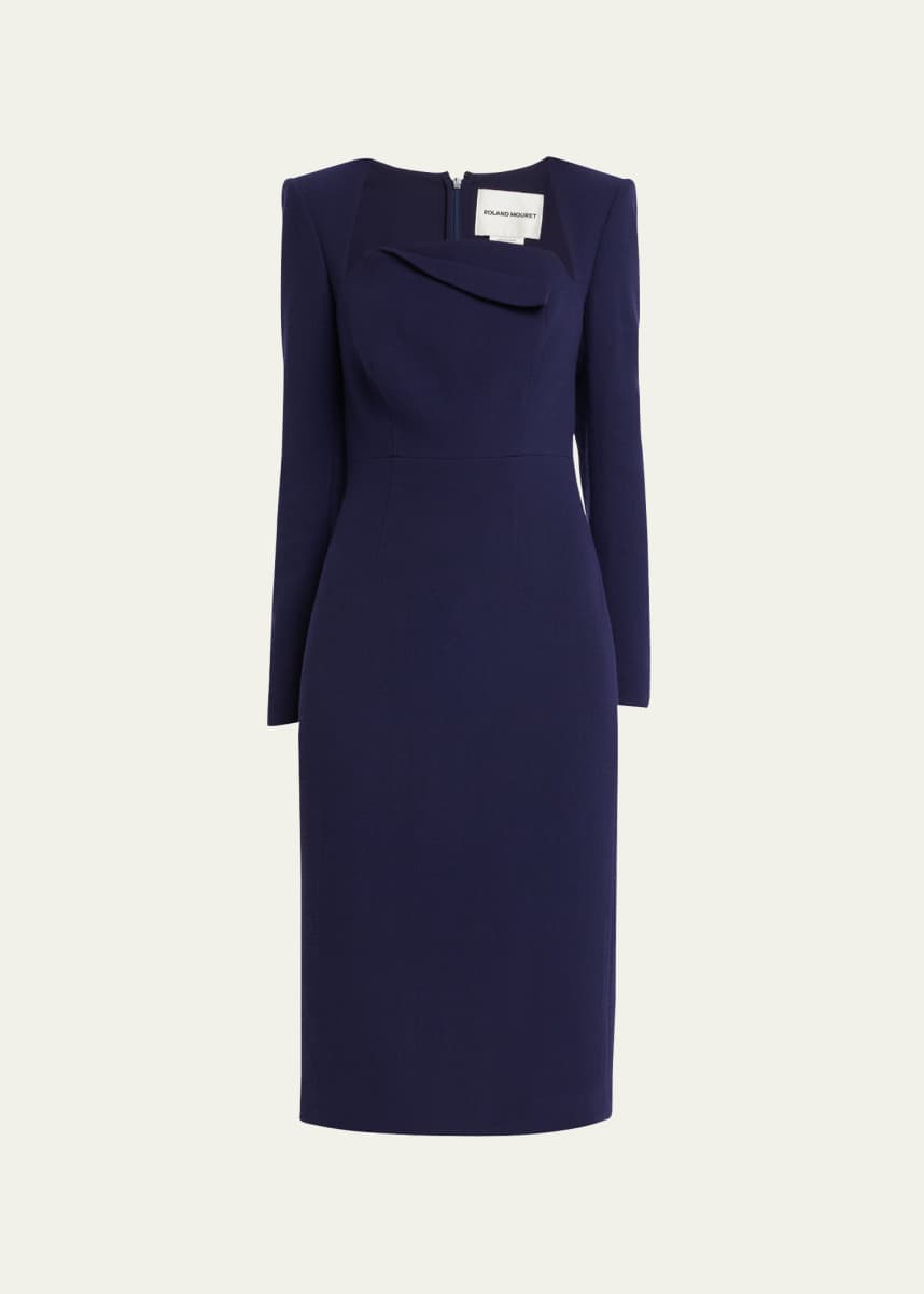 Roland Mouret Asymmetric Folded-Neck Wool Crepe Midi Dress