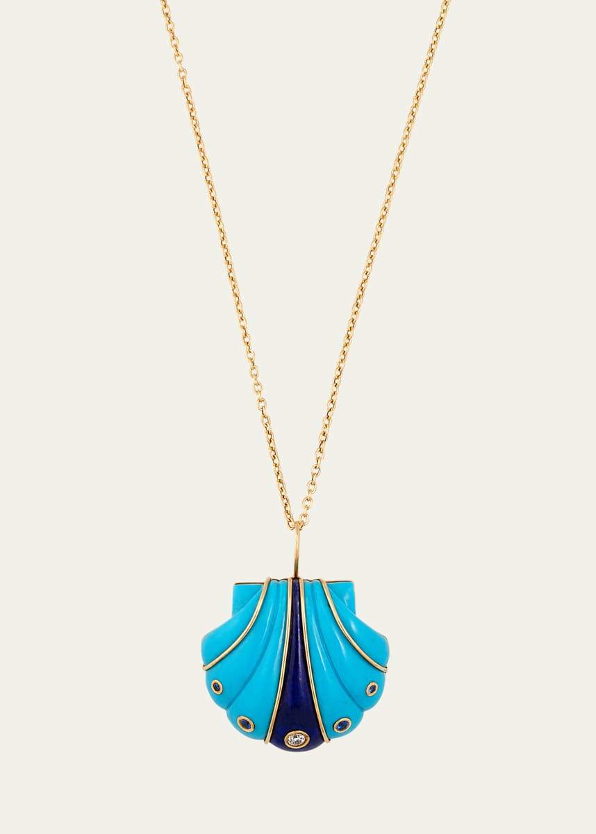 Brent Neale 18K Yellow Gold Carved Stone Shell Pendant Necklace with Sapphires