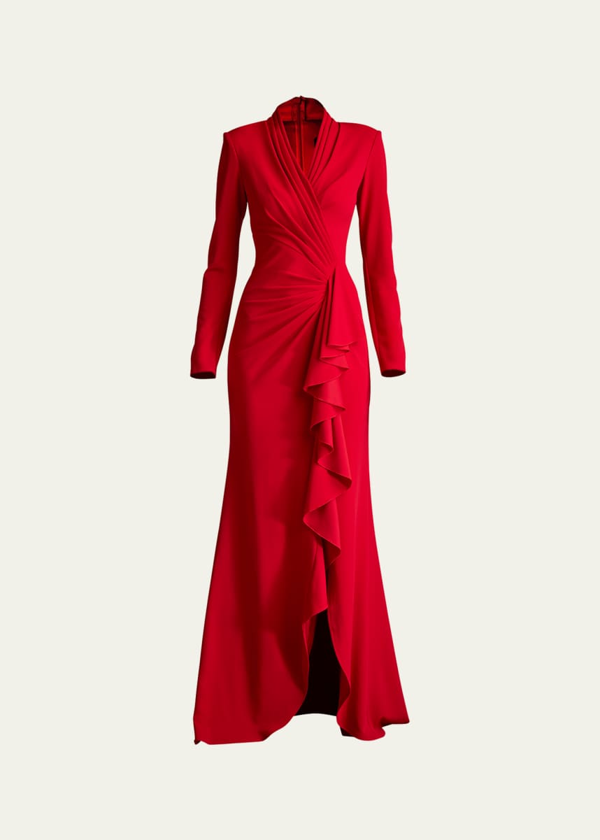 Tadashi Shoji Pleated Long-Sleeve Ruffle Crepe Gown
