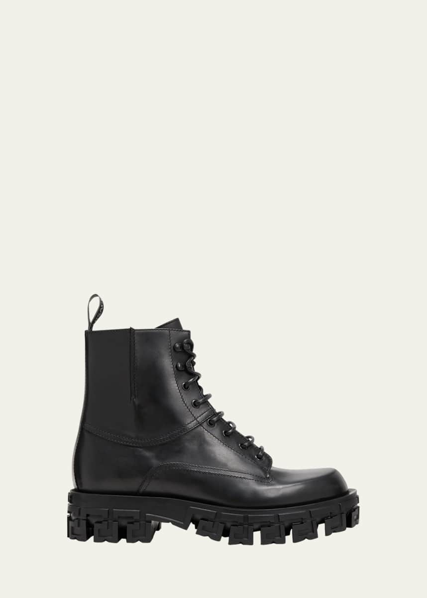 Versace Men's Greca-Sole Leather Combat Boots