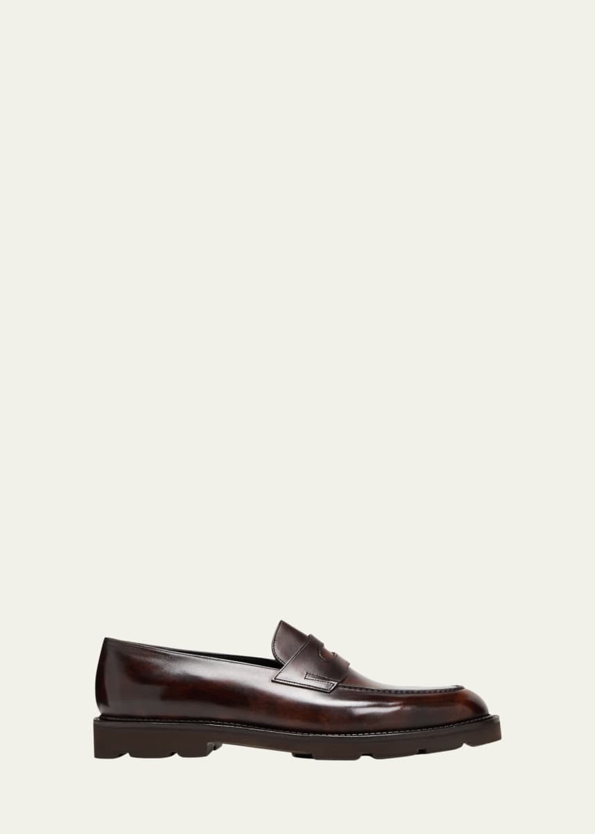 John Lobb Men's Lopez Apron-Toe Leather Penny Loafers