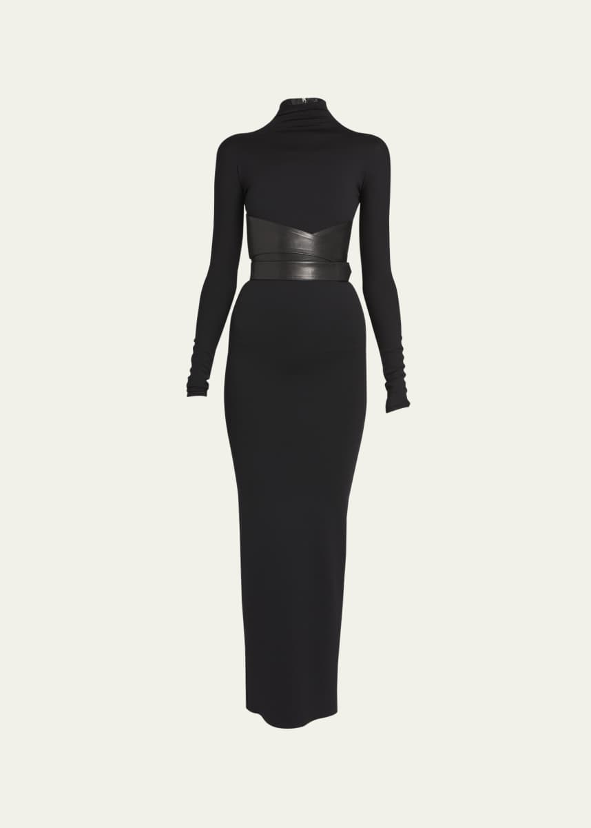 ALAIA Turtleneck Maxi Dress with Wrap Leather Belt