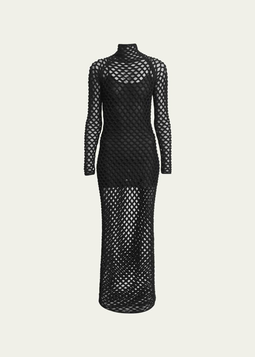 ALAIA Cage Cutout Netted Turtleneck Maxi Dress