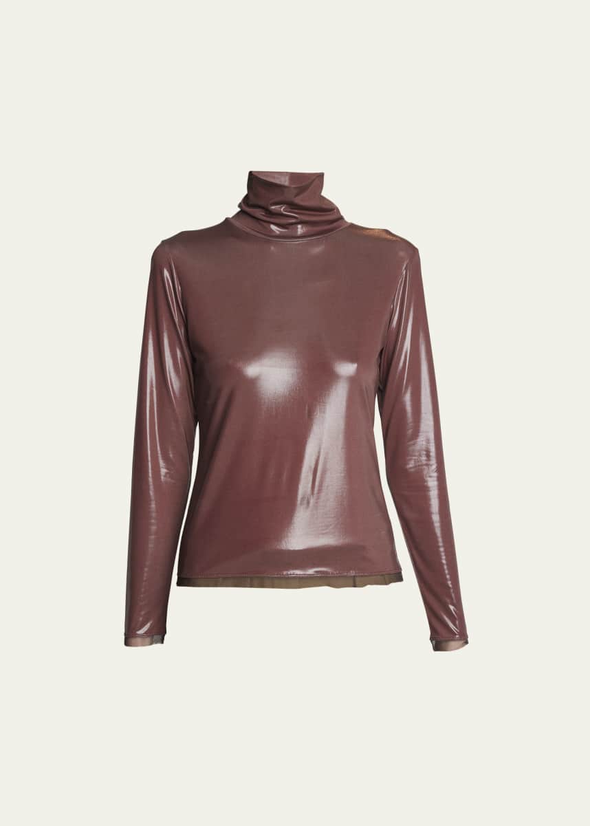 Dries Van Noten Hosko Shine Jersey Turtleneck Top with Mesh Trim
