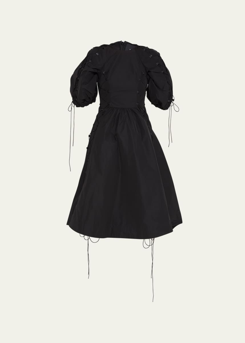 Simone Rocha Puff-Sleeve A-Line Midi Dress with Lacing