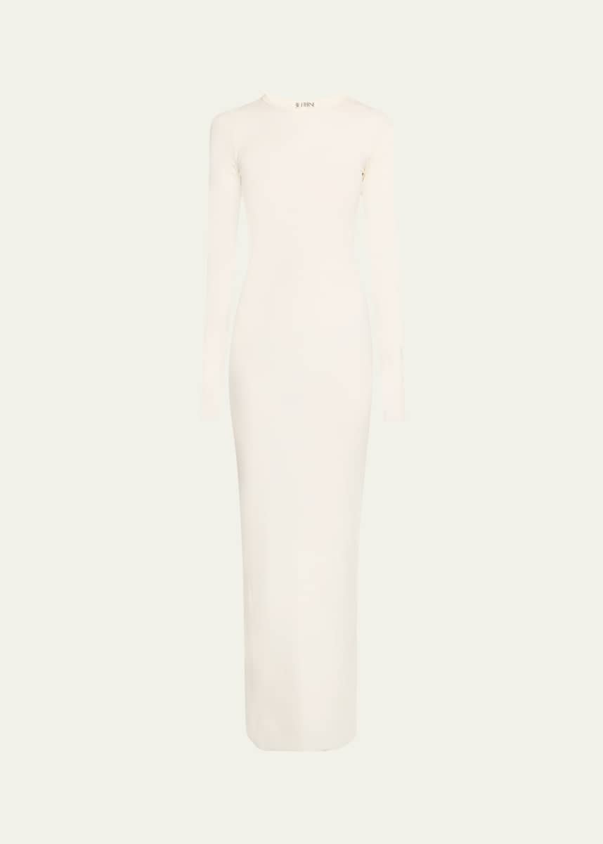 Eterne Long-Sleeve Crewneck Rib-Knit Maxi Dress