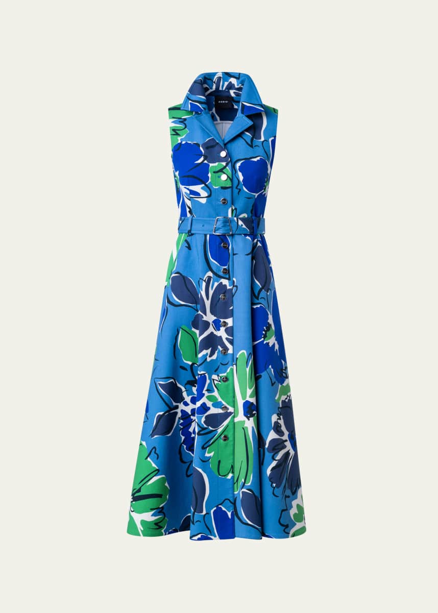 Akris Abraham Floral Print Belted Midi Dress