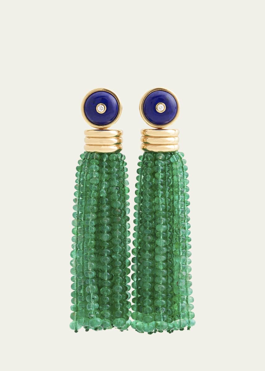 Sherman Field, 1967 18K Yellow Gold Triple Tassel Emerald Rondelle Earrings with Lapis Lazuli and Diamond Studs