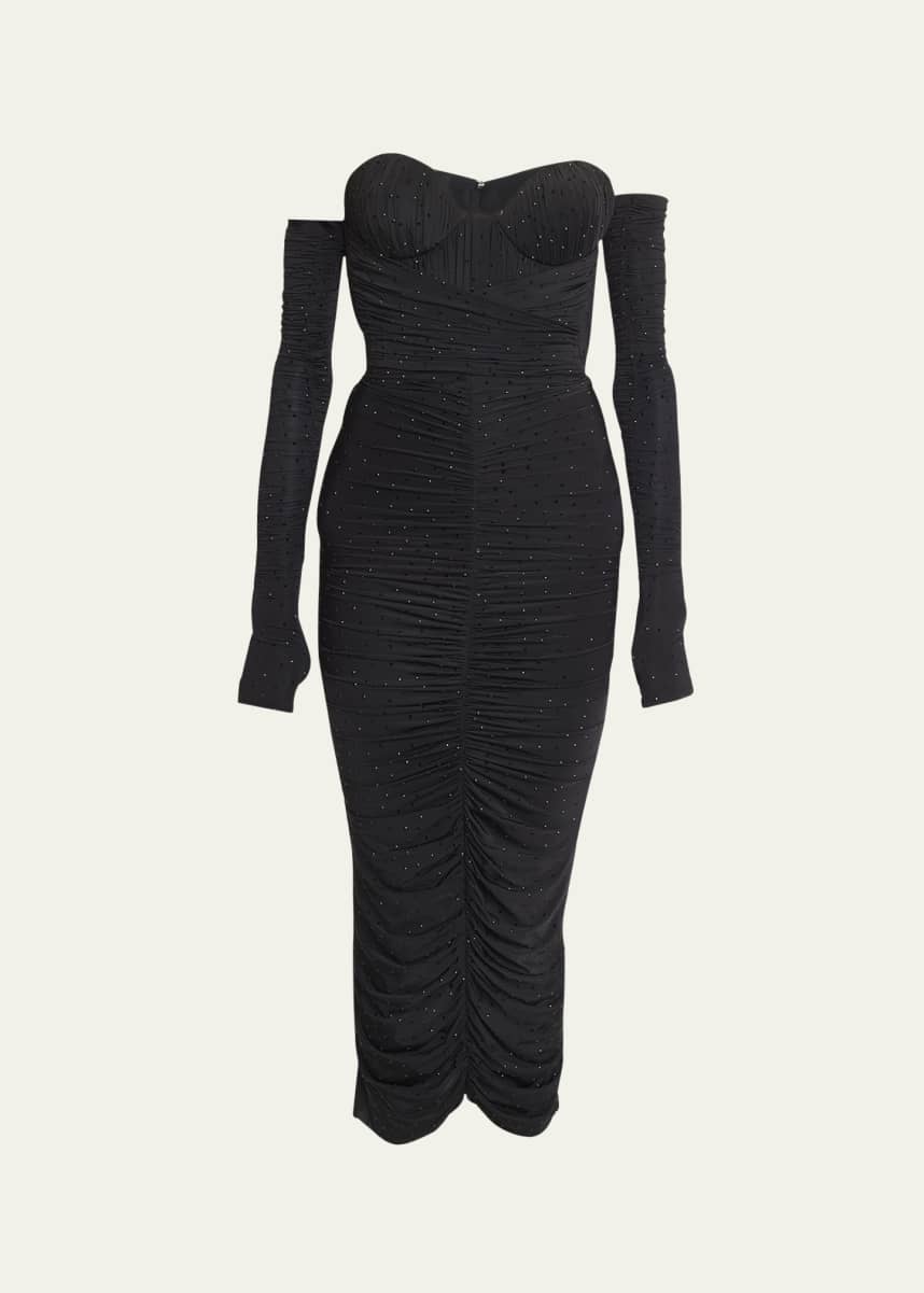Alex Perry Crystal-Embellished Strapless Ruched Midi Dress with Gloves