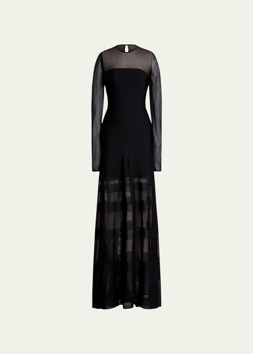 Ralph Lauren Collection Long-Sleeve Sheer Striped Illusion Gown