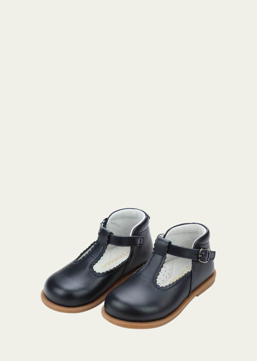 L'Amour Shoes Girl's Louise Scalloped Leather T-Strap Mary Jane Flats, Baby/Toddler