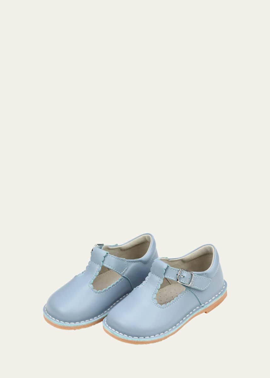 L'Amour Shoes Girl's Selina Scalloped Leather T-Strap Mary Jane Flats, Baby/Toddler/Kid