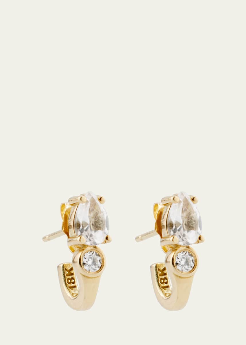 Katey Walker 18K Yellow Gold Pear White Topaz and Diamond Huggie Hoop Earrings