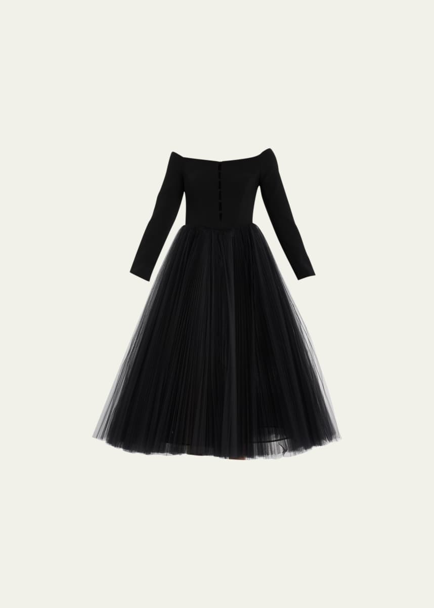Carolina Herrera Off-Shoulder Cutout Pleated Skirt Midi Dress