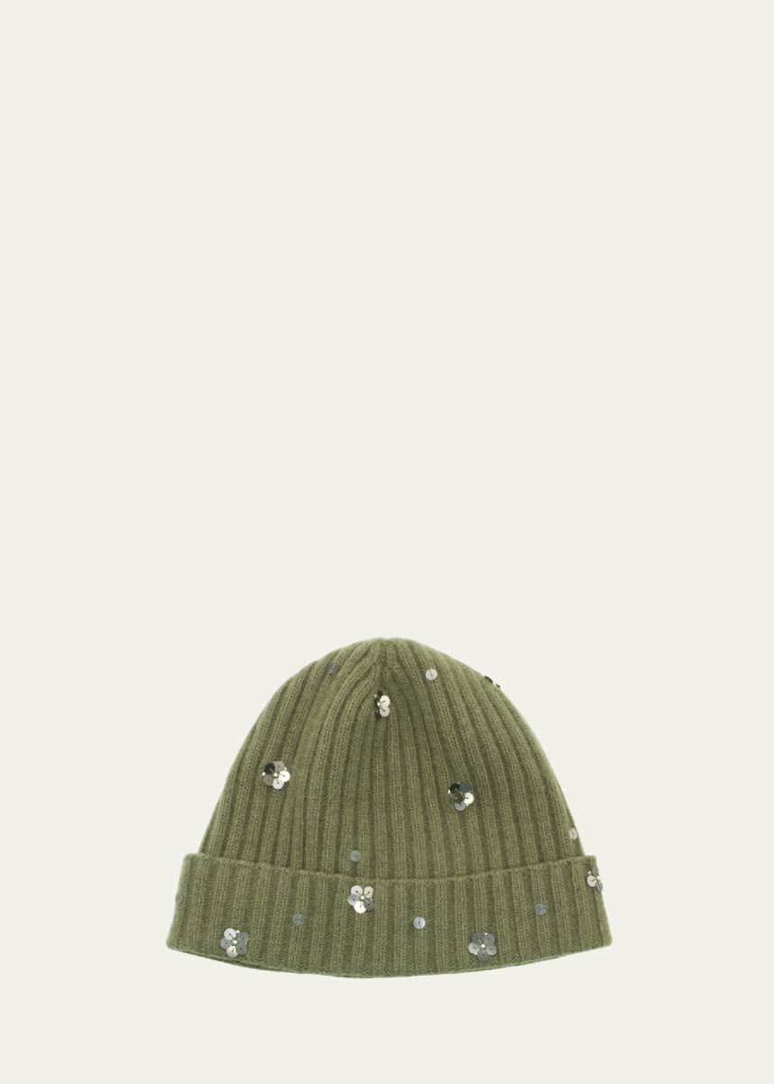 Portolano Sequin Floral Ribbed Cashmere Beanie