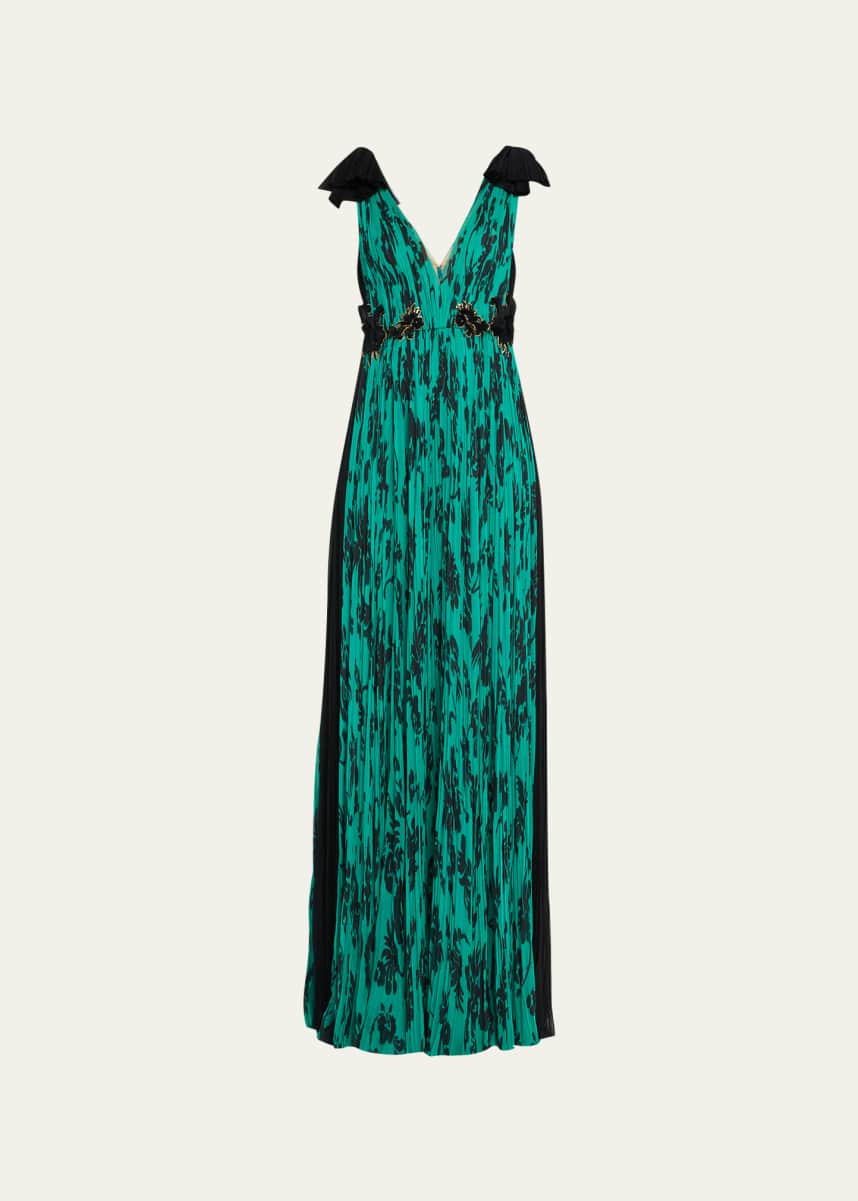 J. Mendel Water Garden Floral Printed Silk Hand Pleated Gown