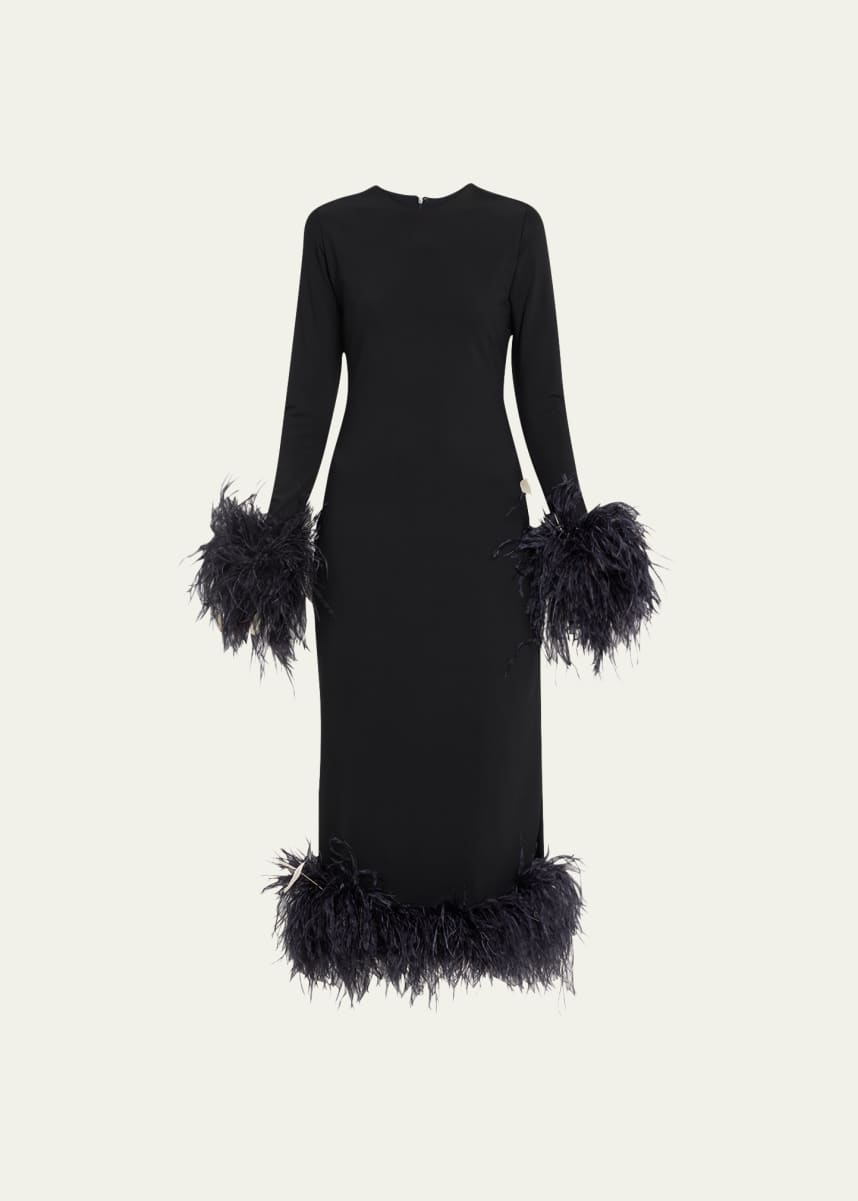 Markarian Aretha Long-Sleeve Feather-Trim Midi Dress