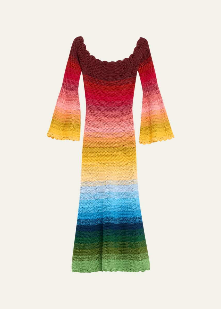 Oscar de la Renta Off-Shoulder Rainbow Ombre Crochet Knit Midi Dress