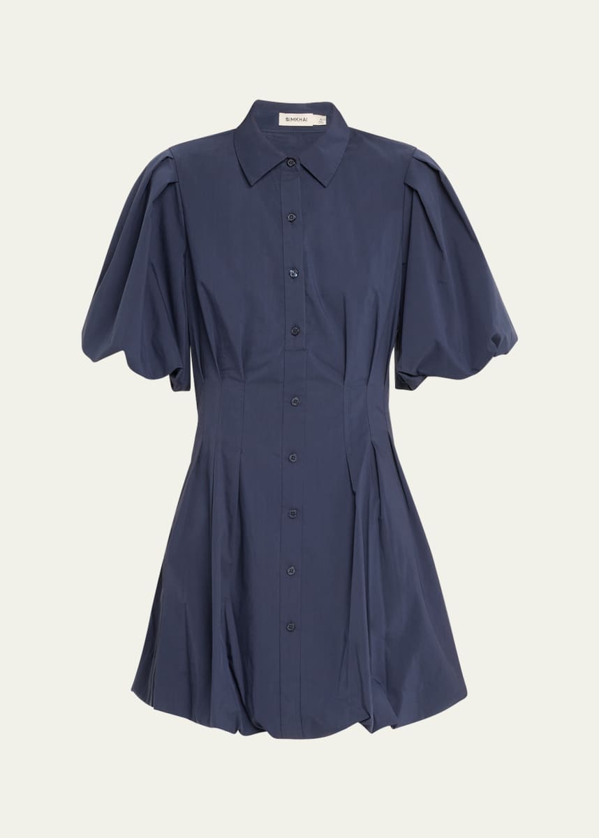 SIMKHAI Cleo Polin Balloon-Sleeve Pleated Mini Dress