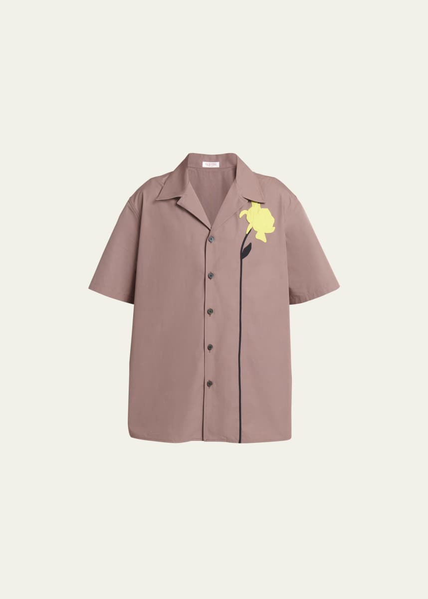 Valentino Garavani Men's Poplin Flower Embroidery Camp Shirt