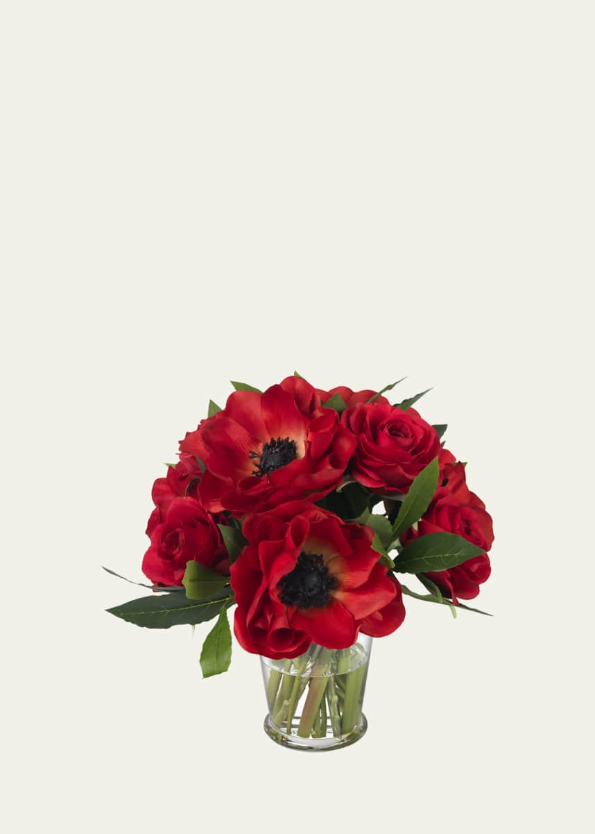 Diane James Red Anemones and Roses 9" Faux Floral Arrangement in Glass Julep Vase