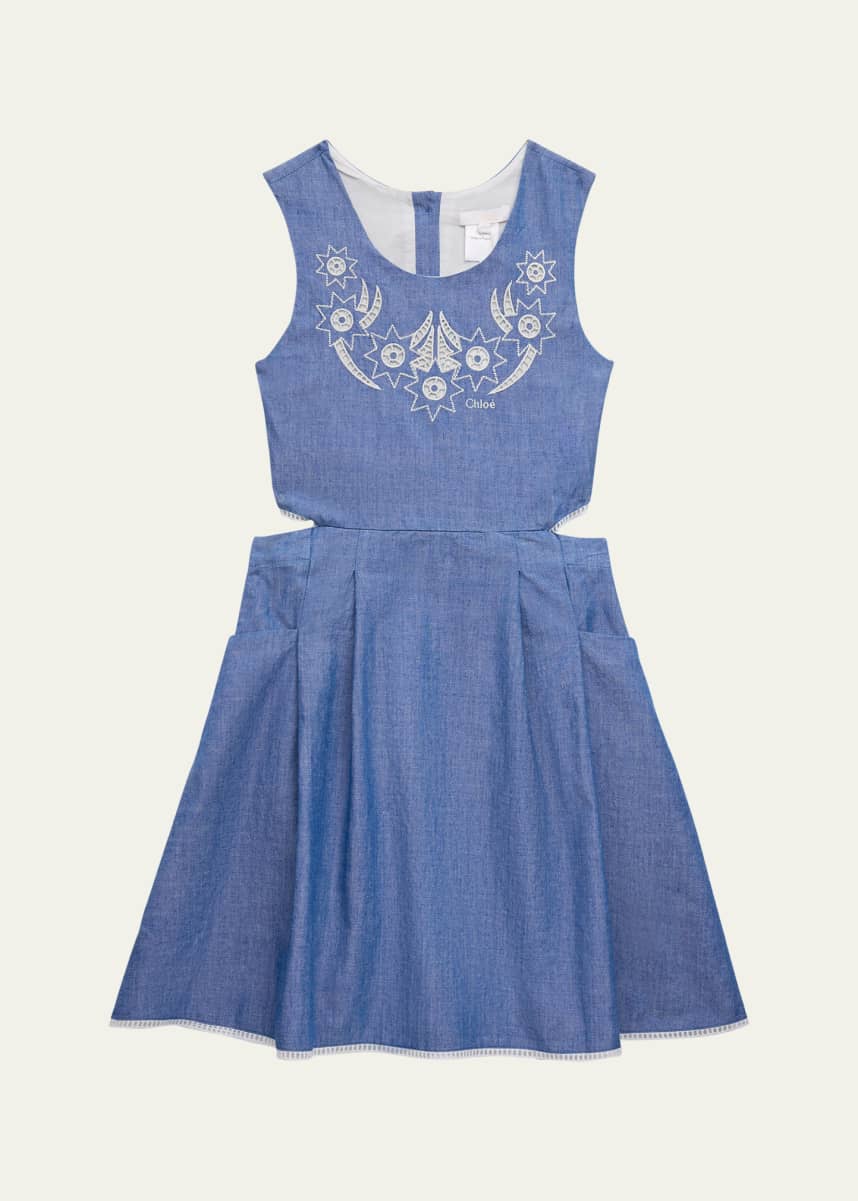 Chloe Girl's Embroidered Cutout Chambray Dress, Size 4-14