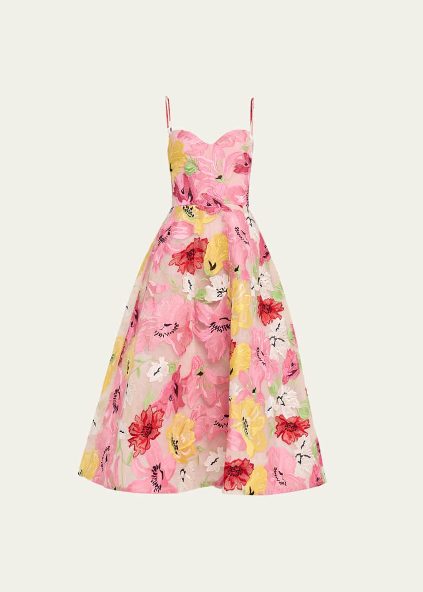 Monique Lhuillier Floral-Embroidered Flared Skirt Dress