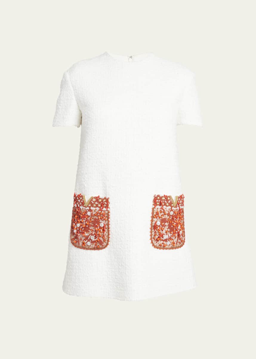 Valentino Garavani Coral V-Logo Embroidered Pocket Tweed Mini Shift Dress