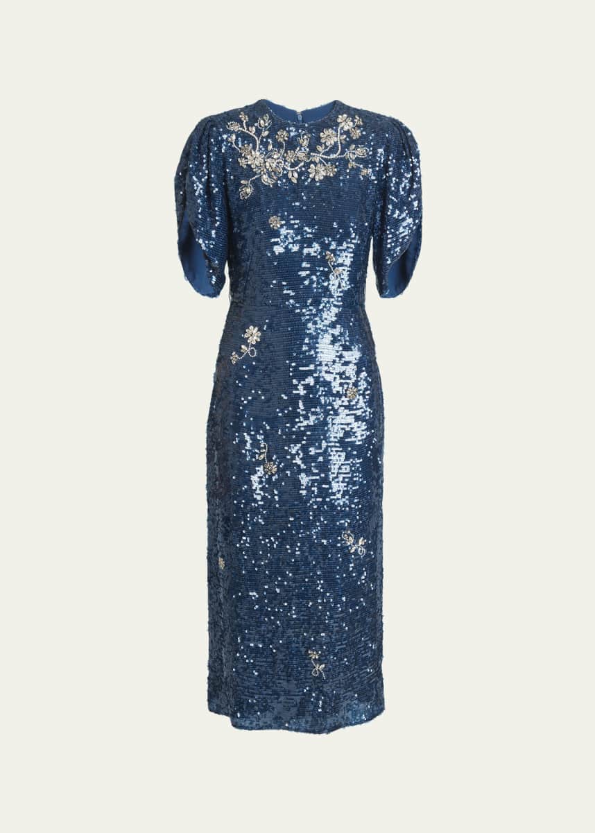 Erdem Crystal Embroidered Short-Sleeve Sequin Midi Dress