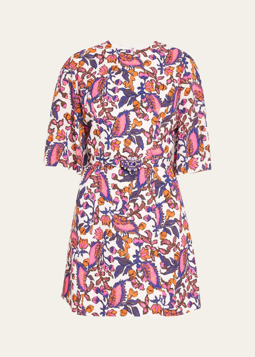 Andrew Gn Floral Print Three-Quarter Sleeve Belted Midi Dress