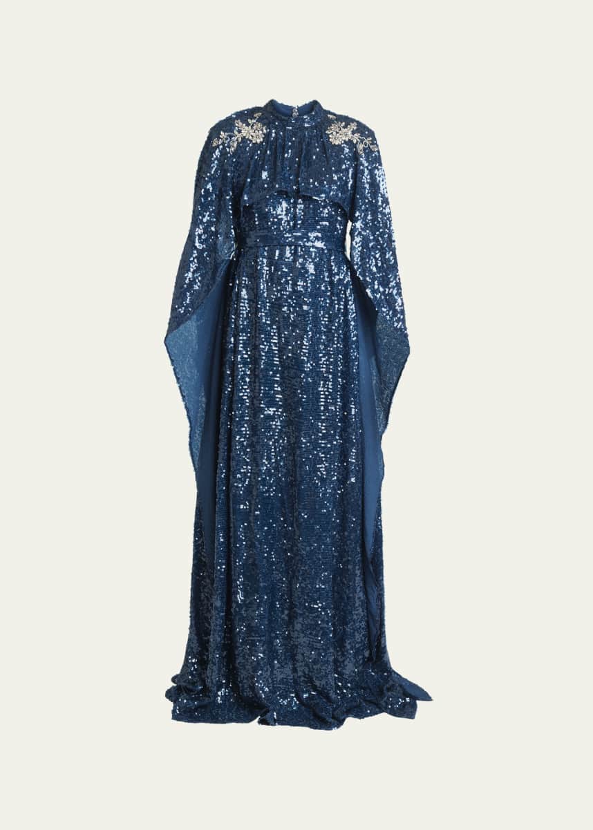 Erdem Sequined Belted Cape-Effect Gown