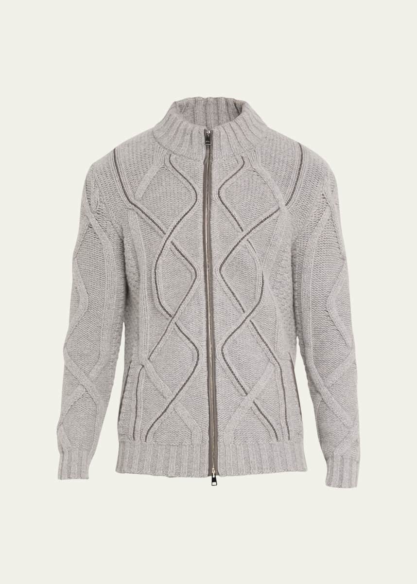 Bergdorf Goodman Men's Wool-Cashmere Cable Knit Full-Zip Sweater