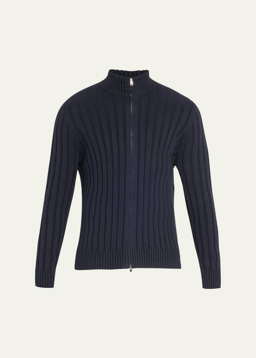 Bergdorf Goodman Men's Cotton-Cashmere Wide Rib Full-Zip Sweater