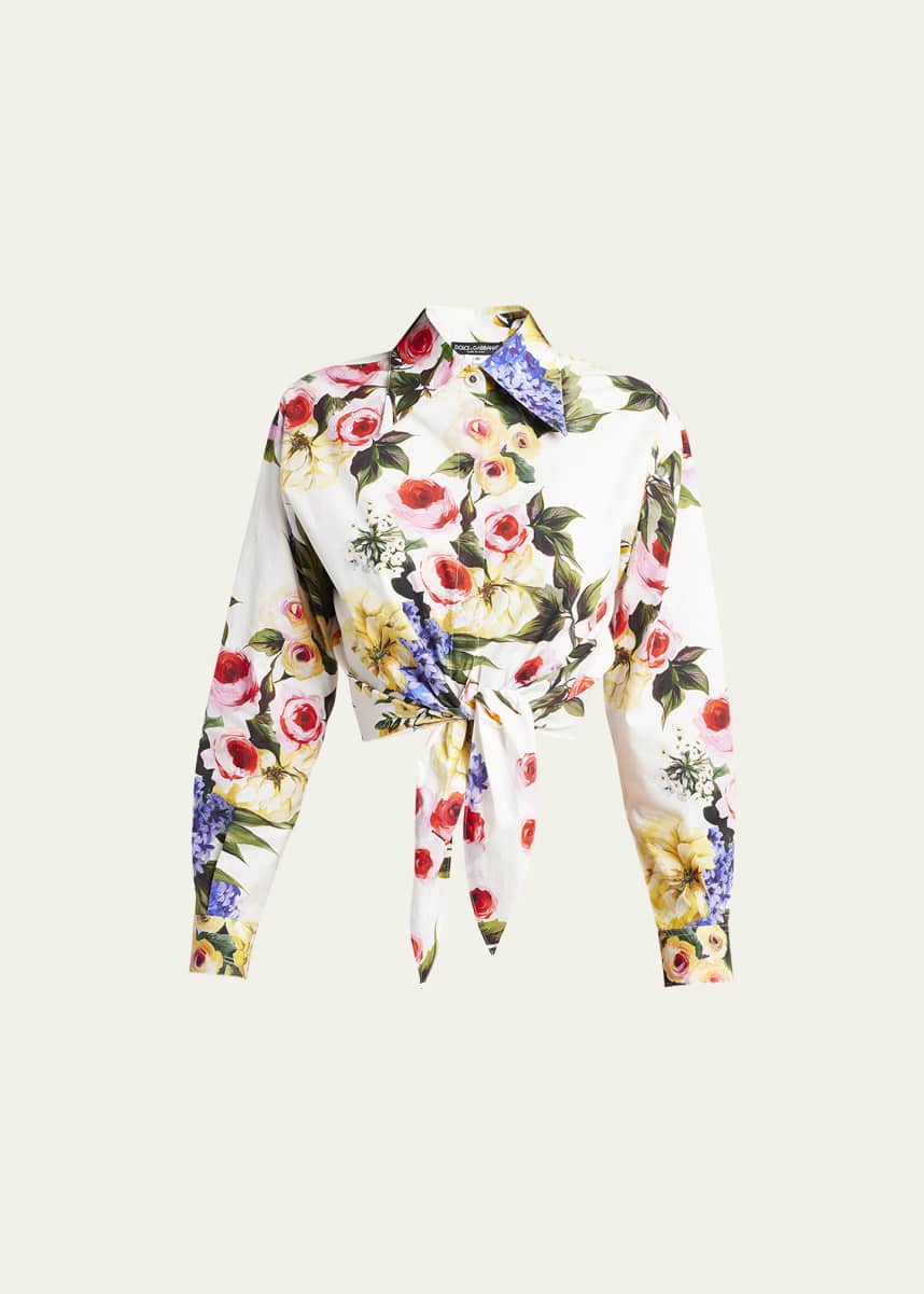 Dolce&Gabbana Floral Print Cropped Poplin Shirt with Front Tie
