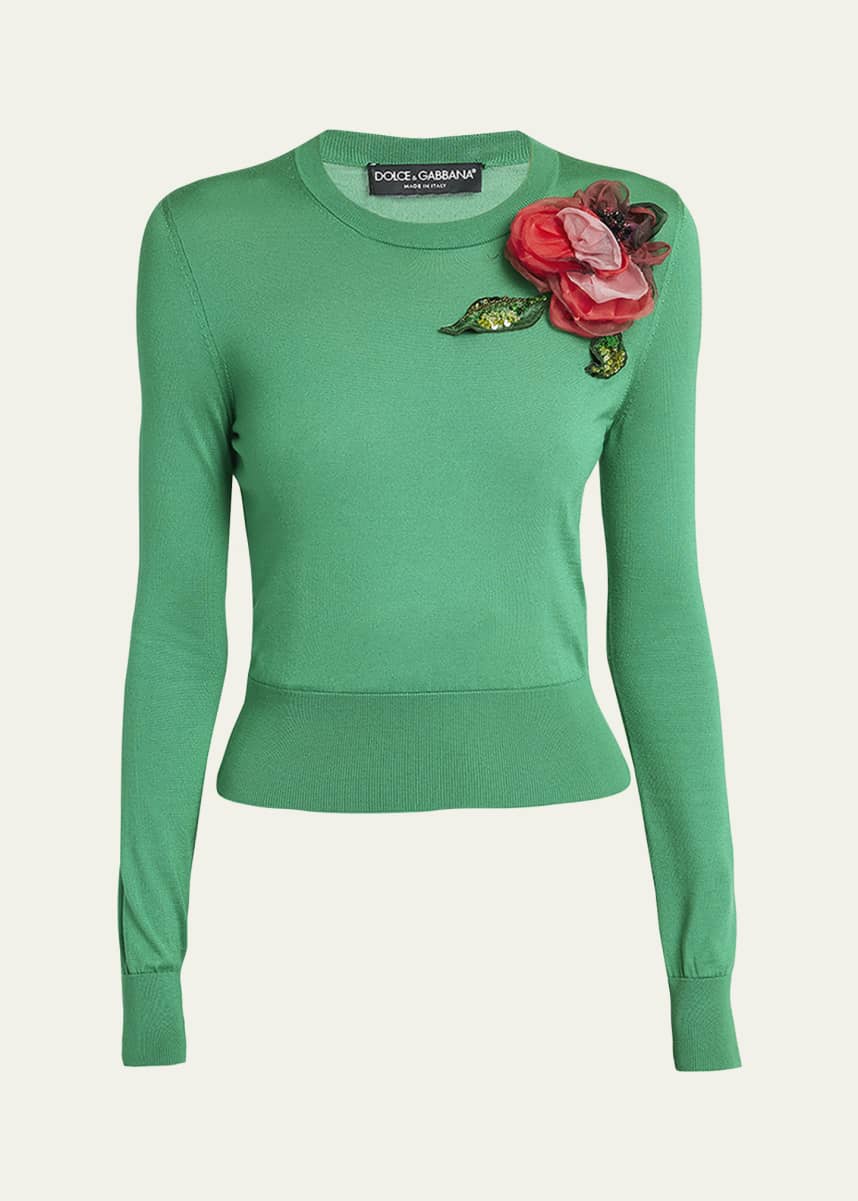 Dolce&Gabbana Silk Knit Sweater with Floral Applique Detail