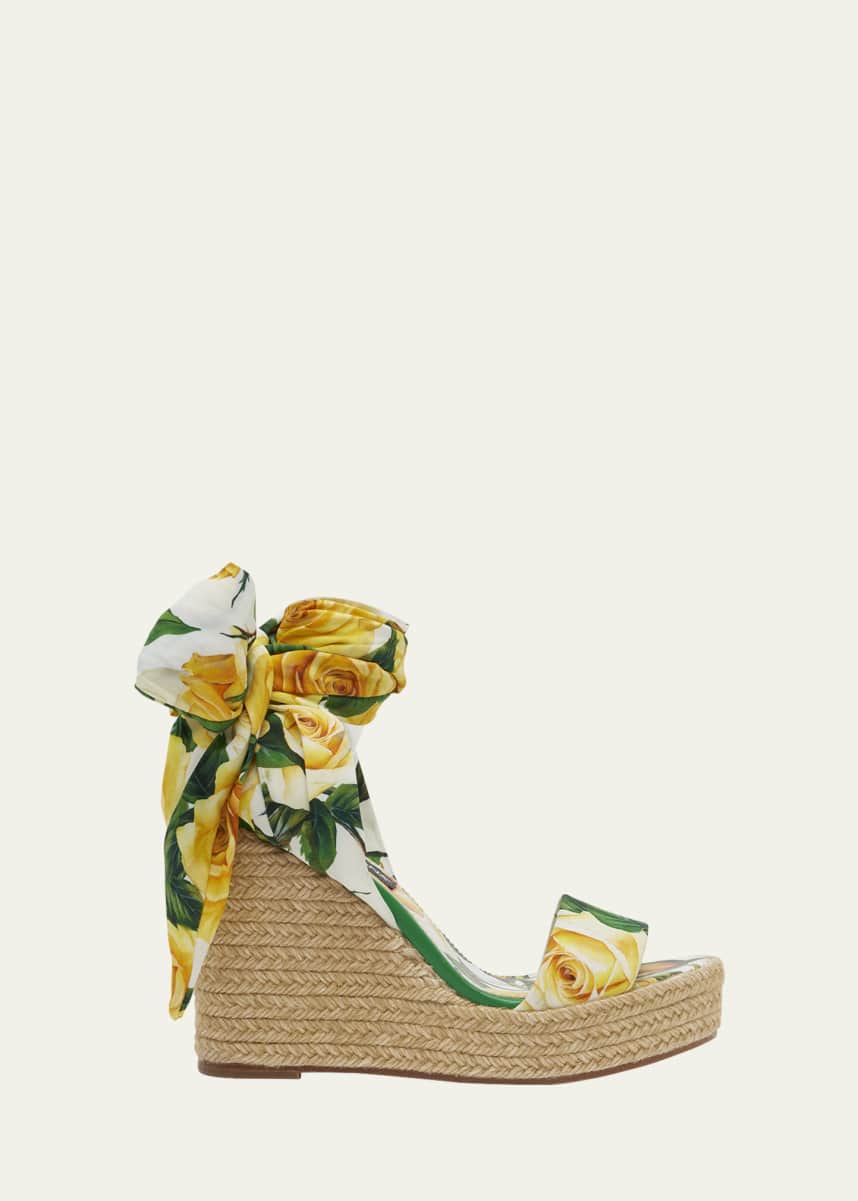 Dolce&Gabbana Floral Silk Ankle-Wrap Wedge Espadrilles
