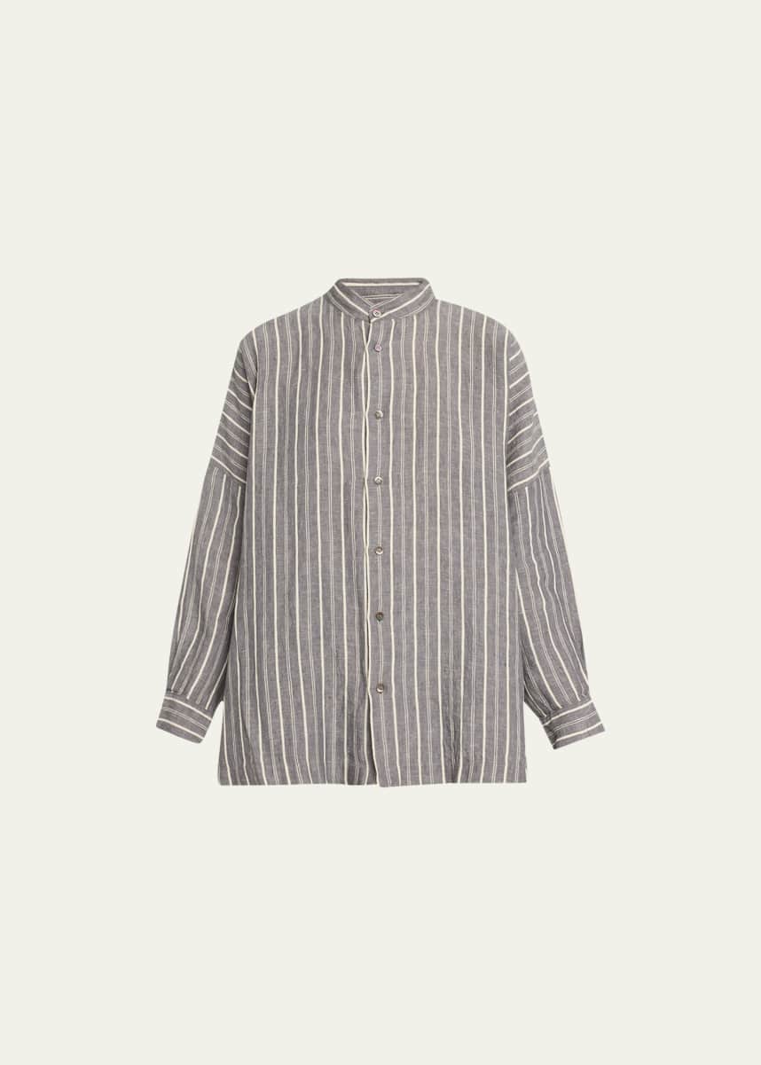 Eskandar Stripe Wide Longer Back Collarless Shirt (Long Length)
