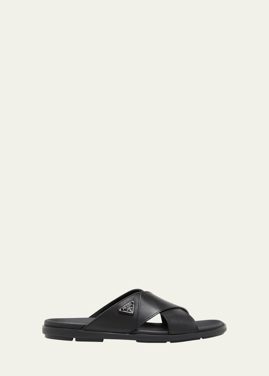 Prada Men's Leather Crisscross Slide Sandals